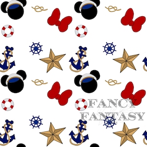 Op de afbeelding: Een witte achtergrond met een herhalend patroon van nautische en Disney-themabeelden. De afbeeldingen omvatten rode strikken, blauwe ankers, gouden sterren, reddingsboeien en Mickey Mouse-koppen met matrozenpetten. De tekst "FANCY FANTASY" staat in het midden van de afbeelding.
