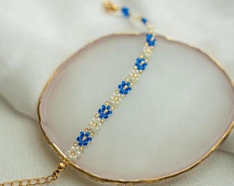 Flower bracelet white blue gold | handmade bracelet | gold bracelet | pearl bracelet with flowers | gift for her | gift for her