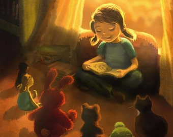 Girl Reading to Her Stuffed Animals - Canvas Art Print (12x18 or 16x24)