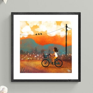 Girl on a bicycle, Summertime art print, Orange and teal, One Summer Day