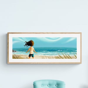 Girl by the Ocean Art Print - Seascape Wall Art for Kids Room, Ocean Lover Gift, 12x36 Inch Fine Art Print