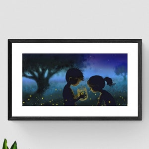 Fireflies Wall Art, Lightning Bugs Print, Boy and Girl Painting, Kids Room Art, 10x20 Inches