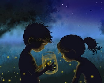 Fireflies Art Print - Kids catching lightning bugs in a jar. Wall art for kids room, nursery, office. 10x20 inch canvas print.