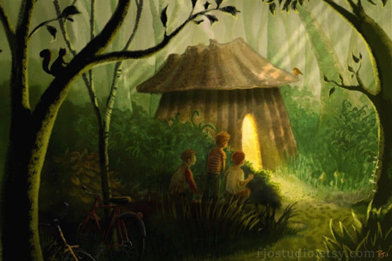 Boys discovering a hut in the woods - Wall order art for adventurous boys who love the forest. Whimsical woodland painting. 16x24 canvas print.