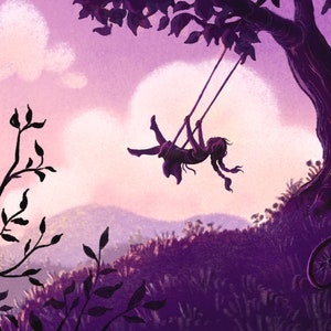 May include: A purple silhouette of a girl swinging on a swing set against a purple sunset sky. A bicycle is lying on the ground in the foreground.