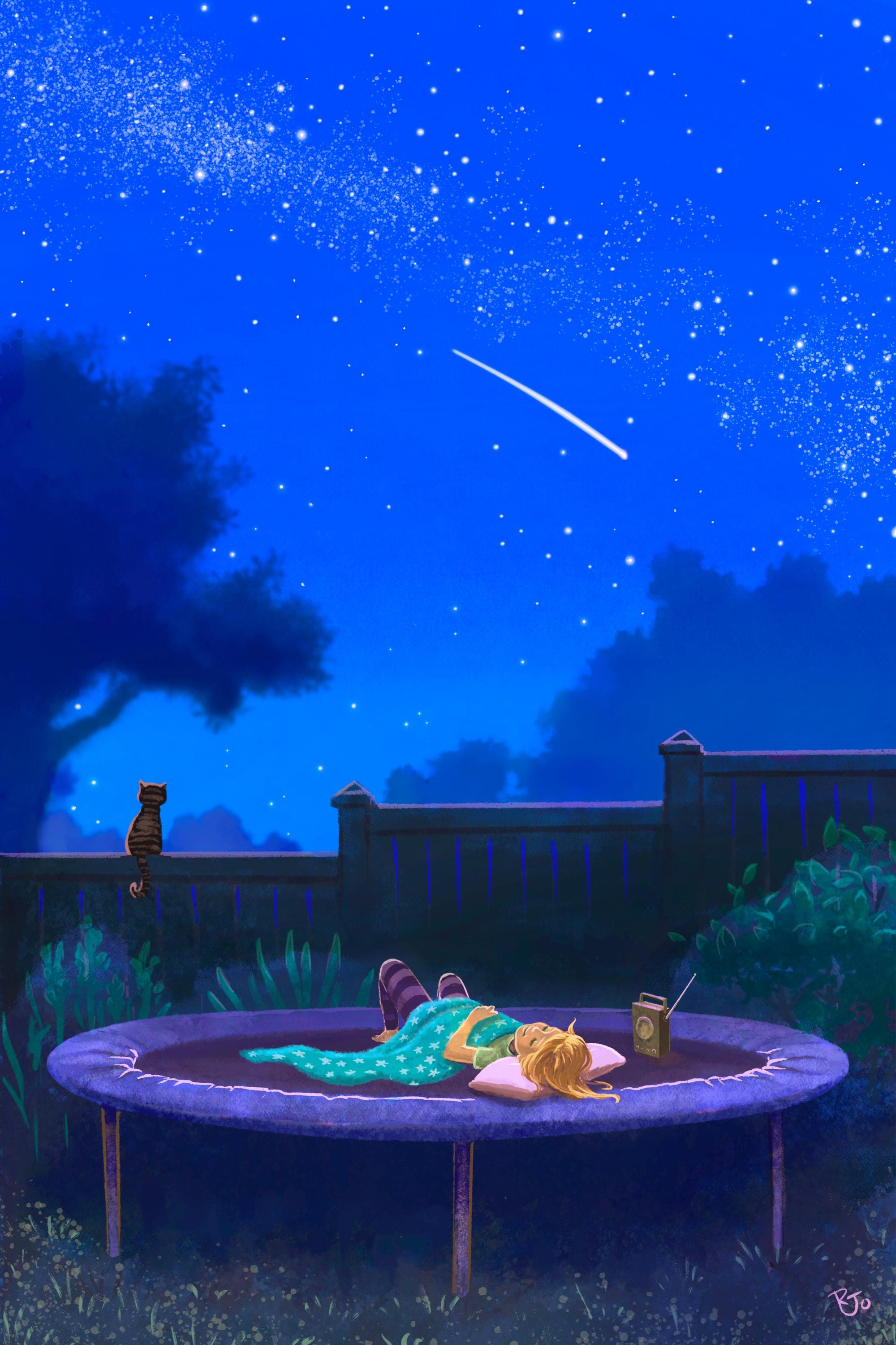 Girl Watching the Stars on a Trampoline - Canvas Art Print (12x18