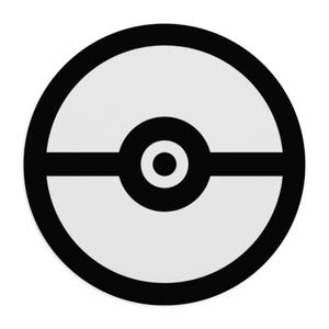 May include: Black and white illustration of a Poke Ball, a round object with a black circle in the center and a black band around the middle.