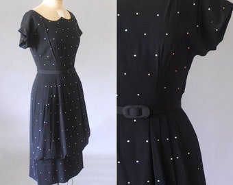 Julia rhinestones 1950s dress, pinup rockabilly dress, little black dress, peplum cocktail dress, 50s dress