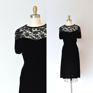 Olivia black silk velvet dress, lace 1940s dress, art deco 1930s dress image 1