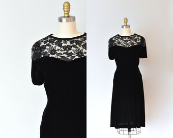 Olivia black silk velvet dress, lace 1940s dress, art deco 1930s dress