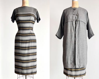 Betty vintage gray wool 50s dress and coat, 1950s dress, grey stripes mod two piece set, wool sexy dress, 1960s dress, retro