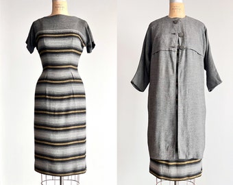 Vestido e casaco vintage Betty de lã cinza dos anos 50, vestido dos anos 50, conjunto de duas peças moderno com listras cinza, vestido sexy de lã, vestido dos anos 60, retrô