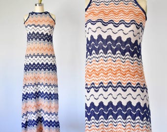 Vestido longo Daisy Vintage Boho de Tricô Chevron Feito à Mão dos Anos 70