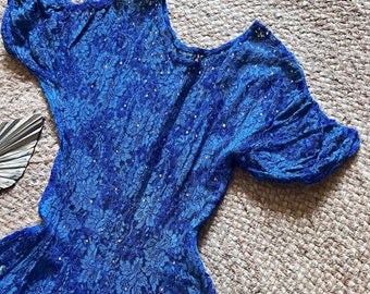 Vestido Belle de renda com strass, estilo anos 1940, vestido de renda dos anos 40, vestido azul, vestido dos anos 1930, roupa vintage