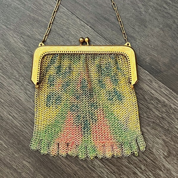 1930s art deco mesh purse, coin purse, 30s metal coin purse, 1920s chain mail, change purse, vintage handbag, flapper antique purse