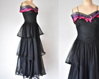 Miniver tiered 1940s dress, 1930s dress, maxi dress, art deco evening gown, black dress, tulle dress women, 40s dress