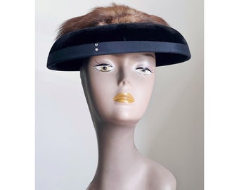 Ella vintage velvet 1940s hat, 40s cartwheel hat, black platter hat, velvet hat, real fur vintage hats, womens hats, erstwhile style