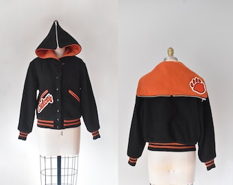 Chelcey wool varsity jacket, black bomber jacket