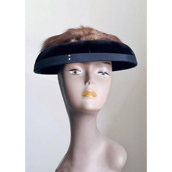 Ella vintage velvet 1940s hat, 40s cartwheel hat, black platter hat, velvet hat, real fur vintage hats, womens hats, erstwhile style