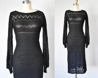 Just Mort 1970s Sheer Black Knit Sweater Dress