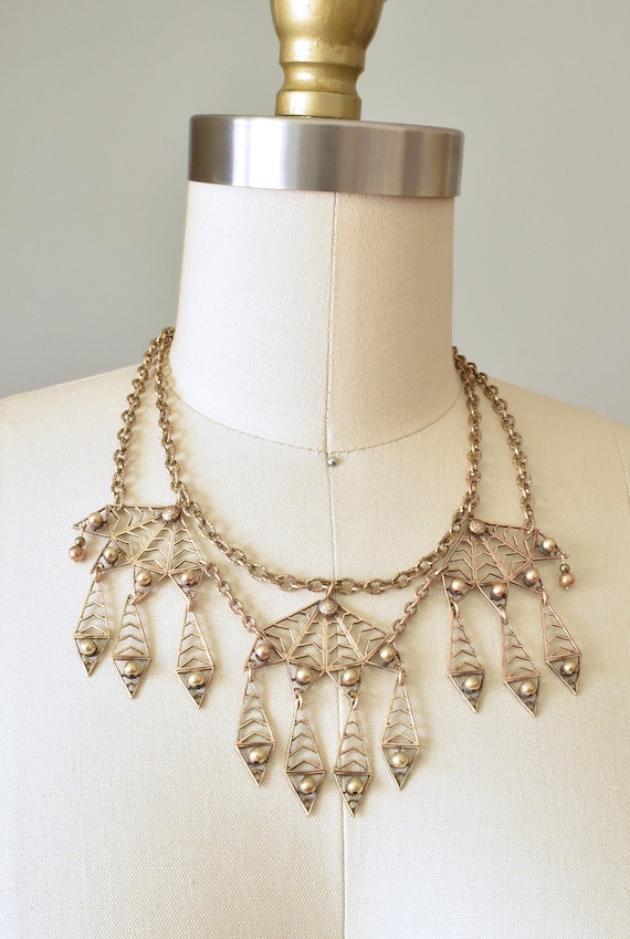 Rashida 1930s brass bib necklace, art deco jewelry