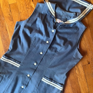 Marley cotton 60s 70s sailor dress, plus size dress, mod 60s dress, pleated summer dress, blue and white