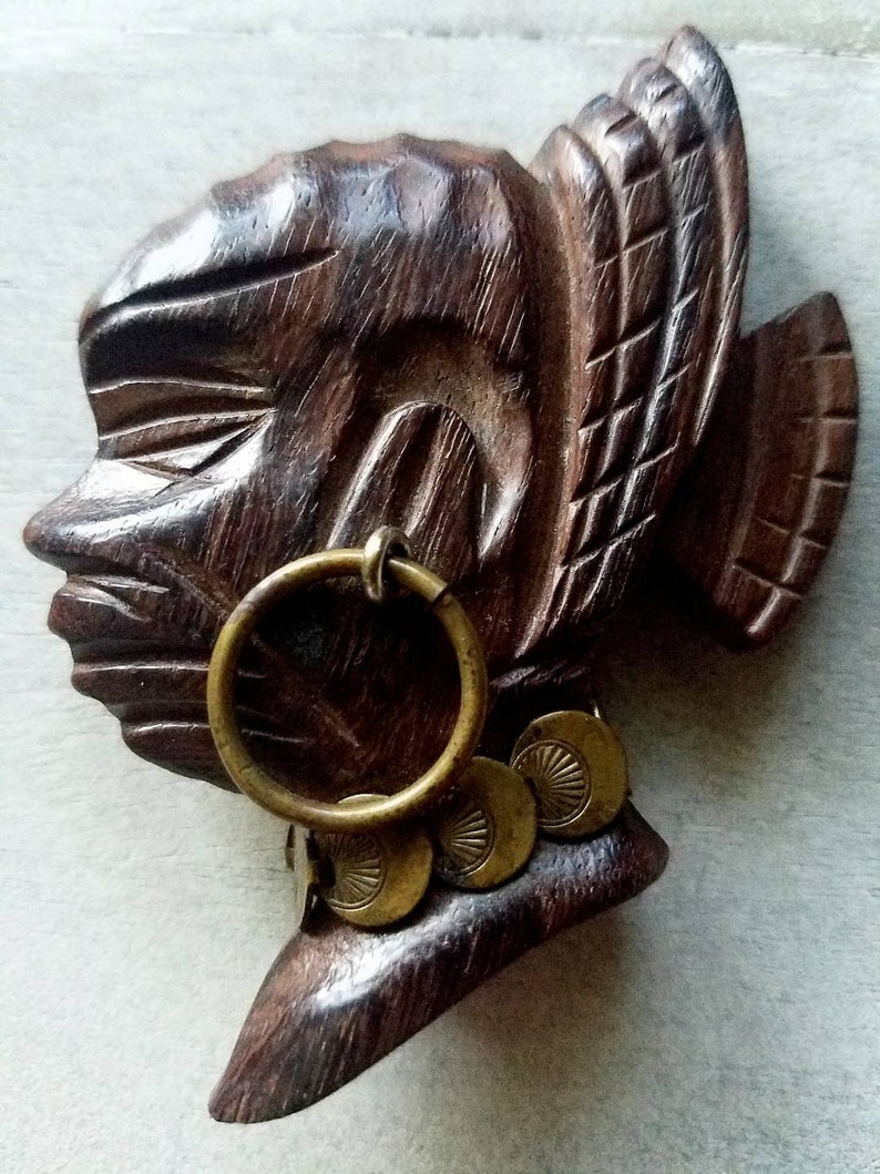 1940s African queen cameo wood brooch, wooden jewelry, brooch pin lapel pin image 4