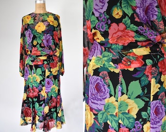 Yarlenis 1980s Plus Size Sheer Chiffon Floral Dress with Slip and Drop Waist