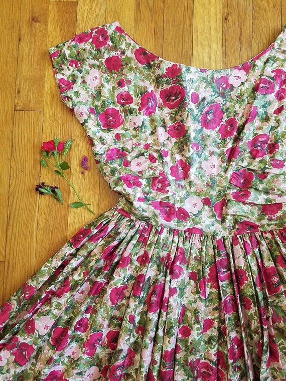 Adelaide floral 1950s dress, pink print dress, roc