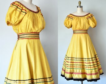 Tamarack 1940s 1950s cotton patio dress, puff sleeve southwest mexican dress, full skirt