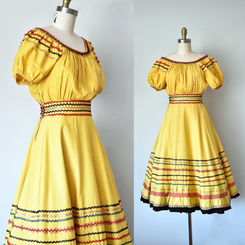 Tamarack 1940s 1950s cotton patio dress, puff sleeve southwest mexican dress, full skirt image 1