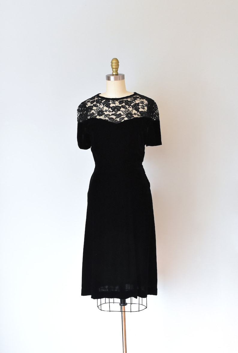 Olivia black silk velvet dress, lace 1940s dress, art deco 1930s dress image 2