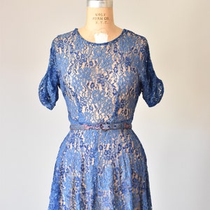 Belle lace rhinestones 1940s dress, 40s lace dress, blue dress, 1930s dress, vintage clothing image 4