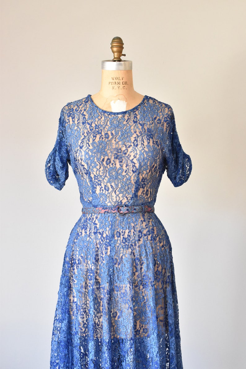 Belle lace rhinestones 1940s dress, 40s lace dress, blue dress, 1930s dress, vintage clothing image 4