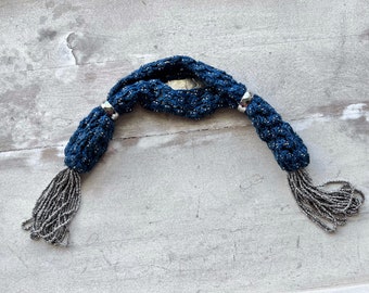 Victorian Steel Beaded Miser’s Purse – Navy Crochet with Double Sliders & Tassel Ends