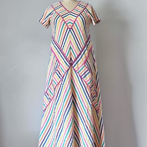 Aida rainbow stripes linen dress, boho 1970s dress, chevron kaftan dress, summer maxi dress, lounge clothing image 2