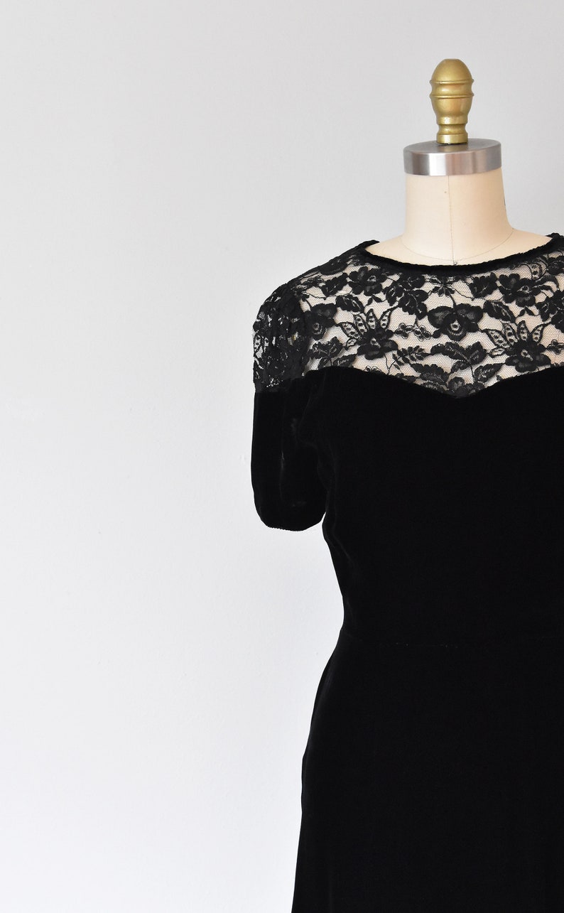 Olivia black silk velvet dress, lace 1940s dress, art deco 1930s dress image 3