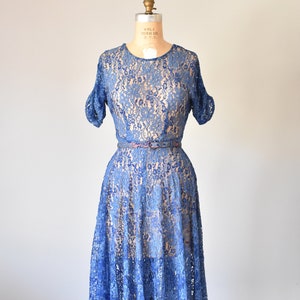 Belle lace rhinestones 1940s dress, 40s lace dress, blue dress, 1930s dress, vintage clothing image 3