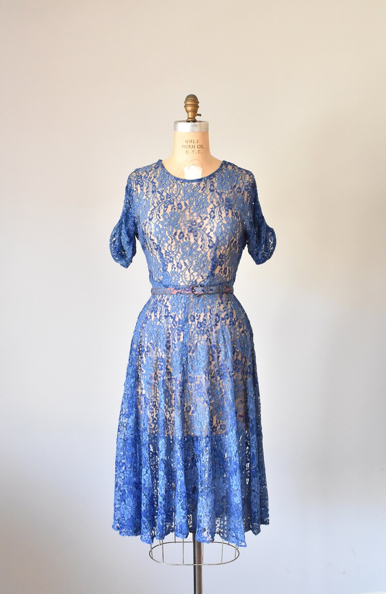Belle lace rhinestones 1940s dress, 40s lace dress, blue dress, 1930s dress, vintage clothing image 3