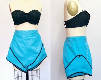 Lovable 1950s Turquoise High-Waisted Shorts & w Strapless Black Bow Bombshell Top