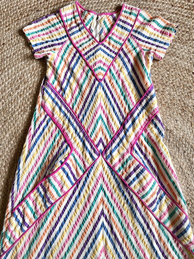 Aida rainbow stripes linen dress, boho 1970s dress, chevron kaftan dress, summer maxi dress, lounge clothing image 8