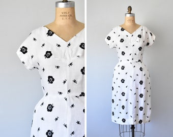 Ida black and white floral linen dress, 1950s dress, floral dress, vintage dresses for women, 1960s dress