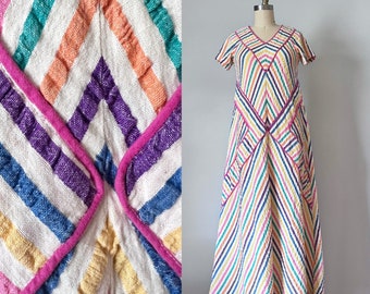 Aida rainbow stripes linen dress, boho 1970s dress, chevron kaftan dress, summer maxi dress, lounge clothing