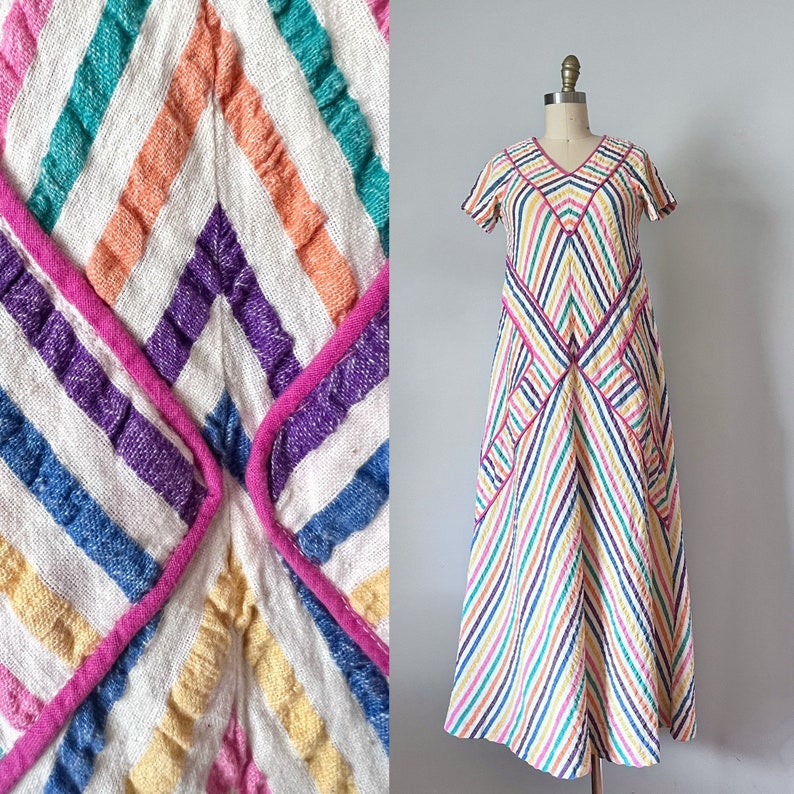 Aida rainbow stripes linen dress, boho 1970s dress, chevron kaftan dress, summer maxi dress, lounge clothing image 1