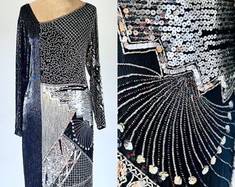 Vestido de seda com lantejoulas Diana anos 80, vestido de festa prateado, vestido flapper, vestido gatsby, vintage anos 80, vestido disco