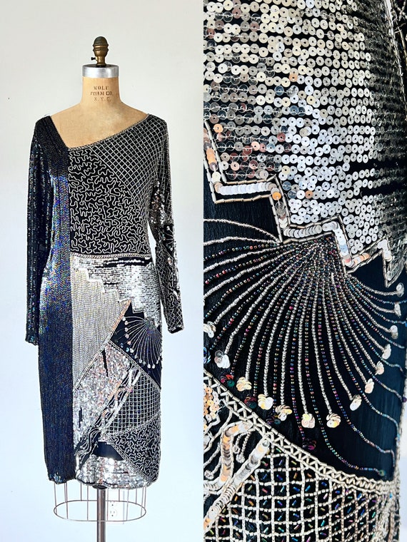 Diana 80s silk sequin dress, silver party dress, … - image 1