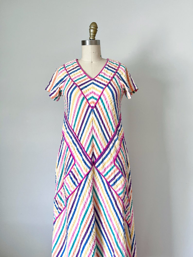 Aida rainbow stripes linen dress, boho 1970s dress, chevron kaftan dress, summer maxi dress, lounge clothing image 3