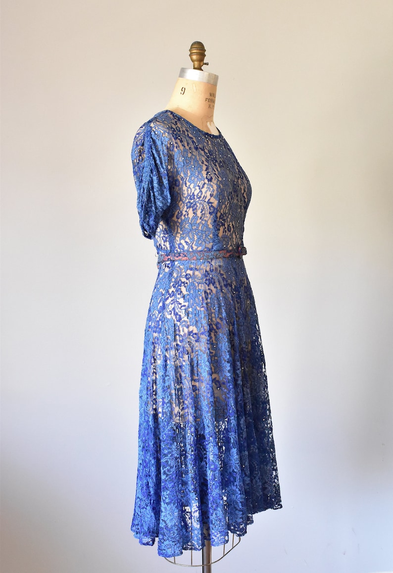 Belle lace rhinestones 1940s dress, 40s lace dress, blue dress, 1930s dress, vintage clothing image 6