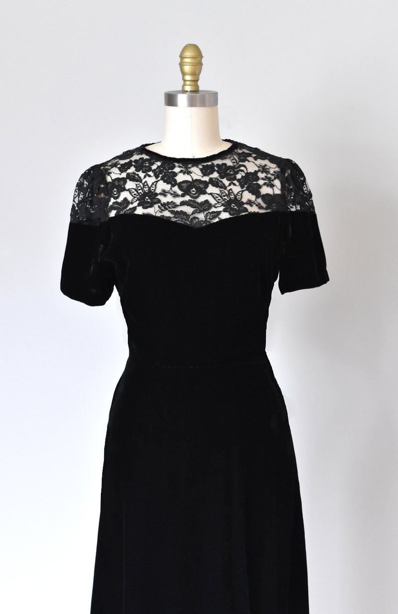 Olivia black silk velvet dress, lace 1940s dress, art deco 1930s dress image 4