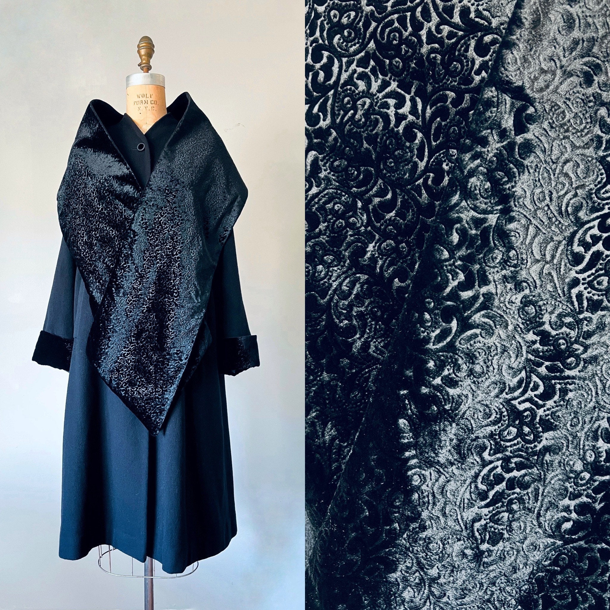 Vintage Scarf Styles -1920s to 1980s Precis Velvet Cashmere Wool Coat, Vintage Black 90S Clothing $128.00 AT vintagedancer.com